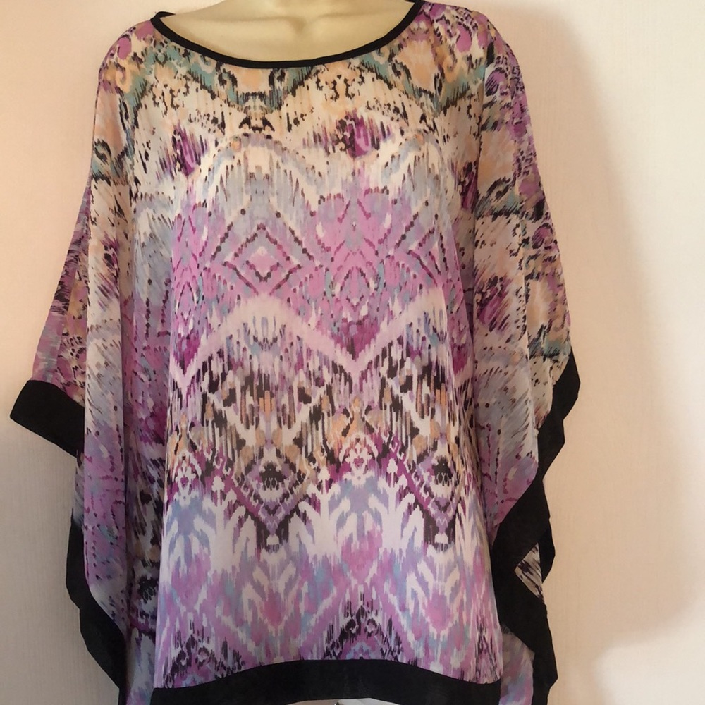 Woman’s spring multi colored abstract purple print tunic blouse